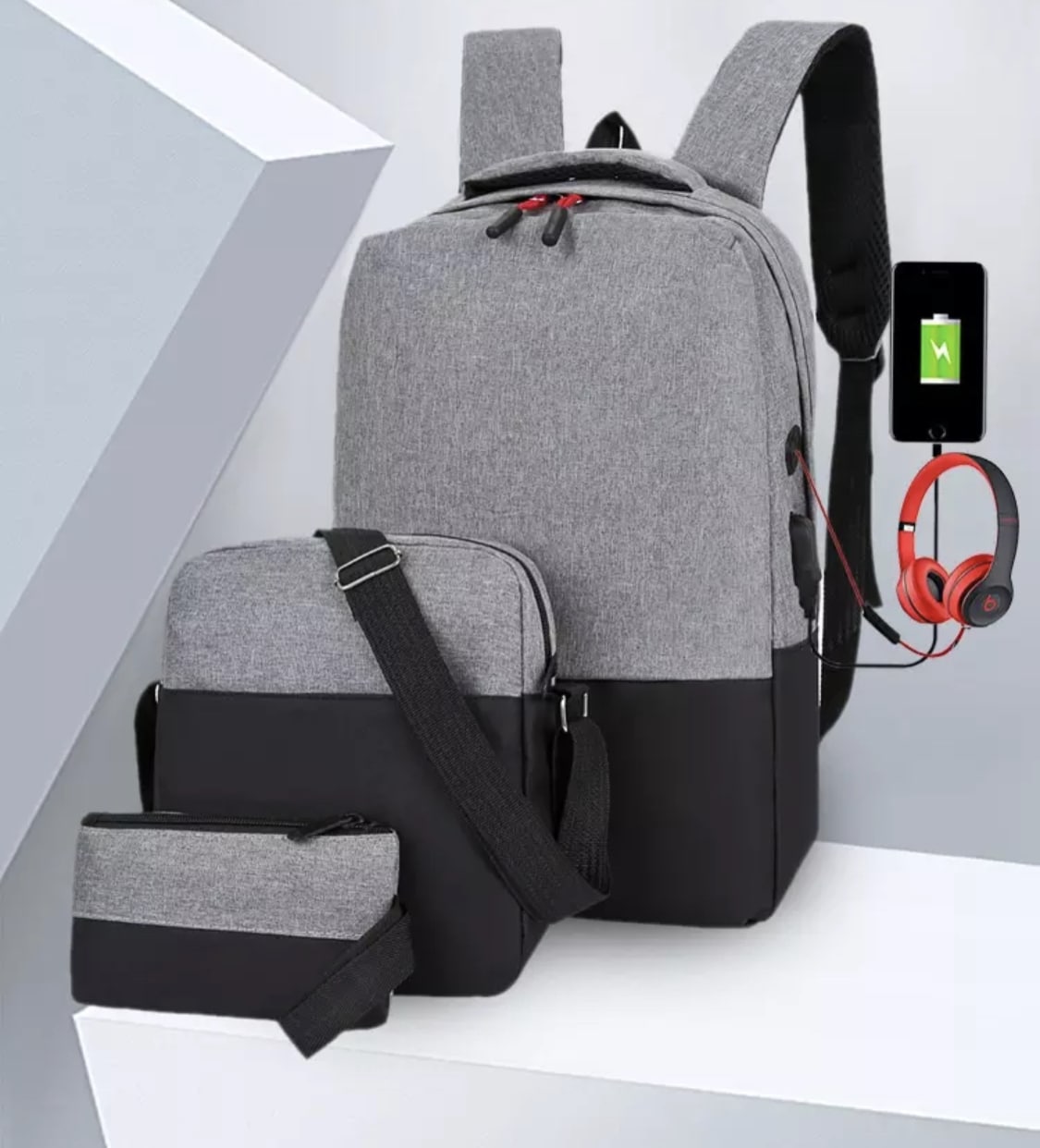 Бизнес рюкзак с USB + 2 сумки(сумка-почтальона и кошелёк)