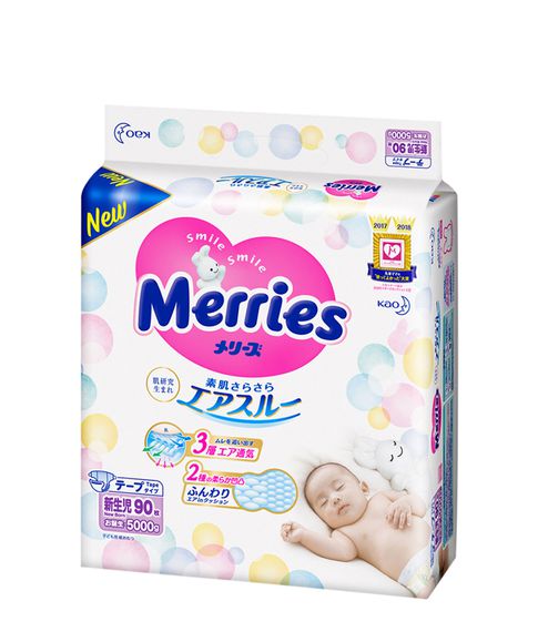 Подгузники для новорожденных MERRIES 5кг, 90шт